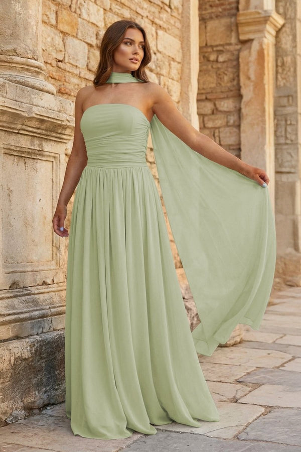 Sky Blue Strapless Chiffon Pleated A Line Long Prom Dresses With Scarf - KissProm