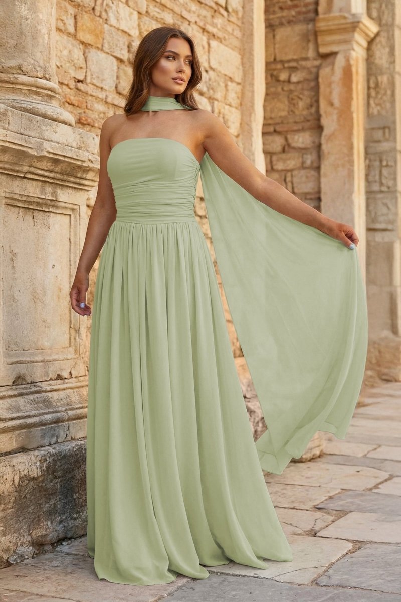 Sky Blue Strapless Chiffon Pleated A Line Long Prom Dresses With Scarf