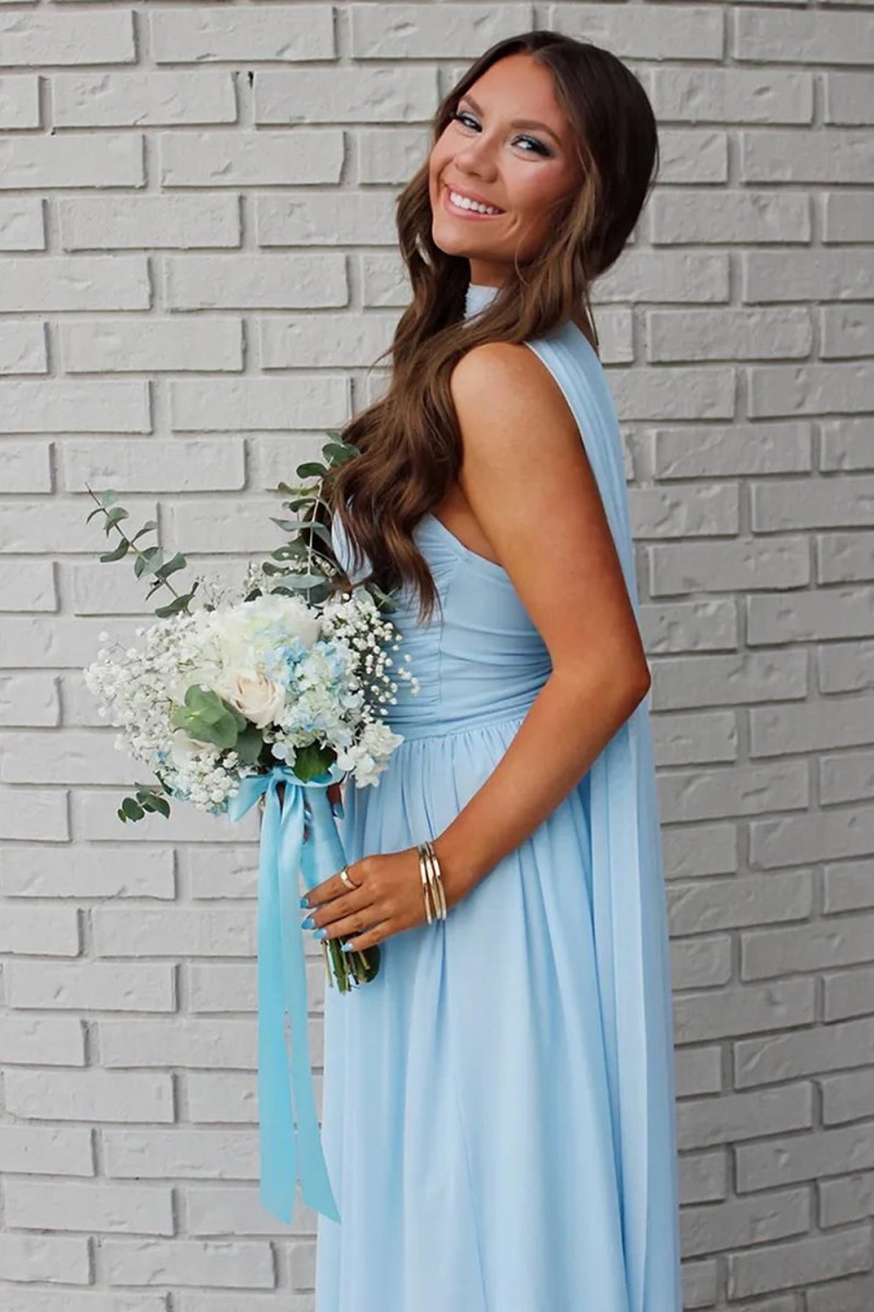 Mallory | Sky Blue - Strapless Chiffon Pleated A Line Long Prom Dresses With Scarf - KissProm
