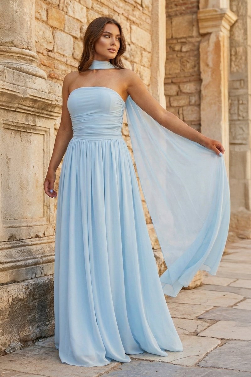 Sky Blue Strapless Chiffon Pleated A Line Long Prom Dresses With Scarf - KissProm