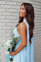 Mallory | Sky Blue - Strapless Chiffon Pleated A Line Long Prom Dresses With Scarf - KissProm