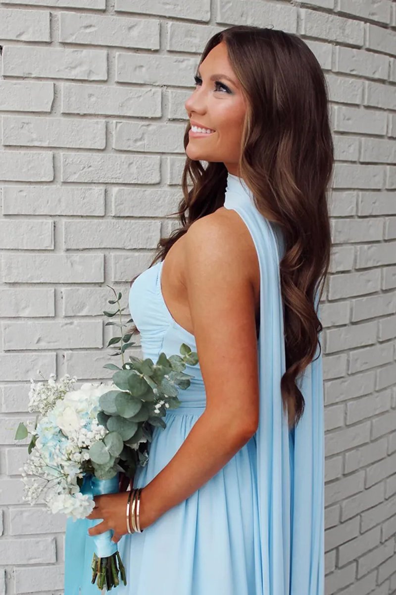 Mallory | Sky Blue - Strapless Chiffon Pleated A Line Long Prom Dresses With Scarf - KissProm