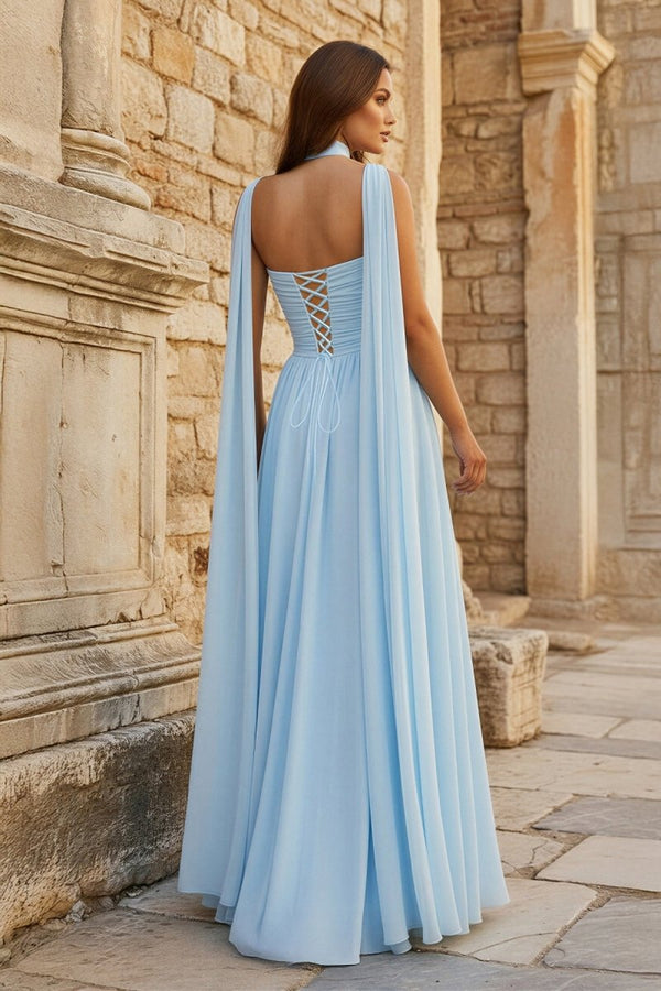 Sky Blue Strapless Chiffon Pleated A Line Long Prom Dresses With Scarf - KissProm