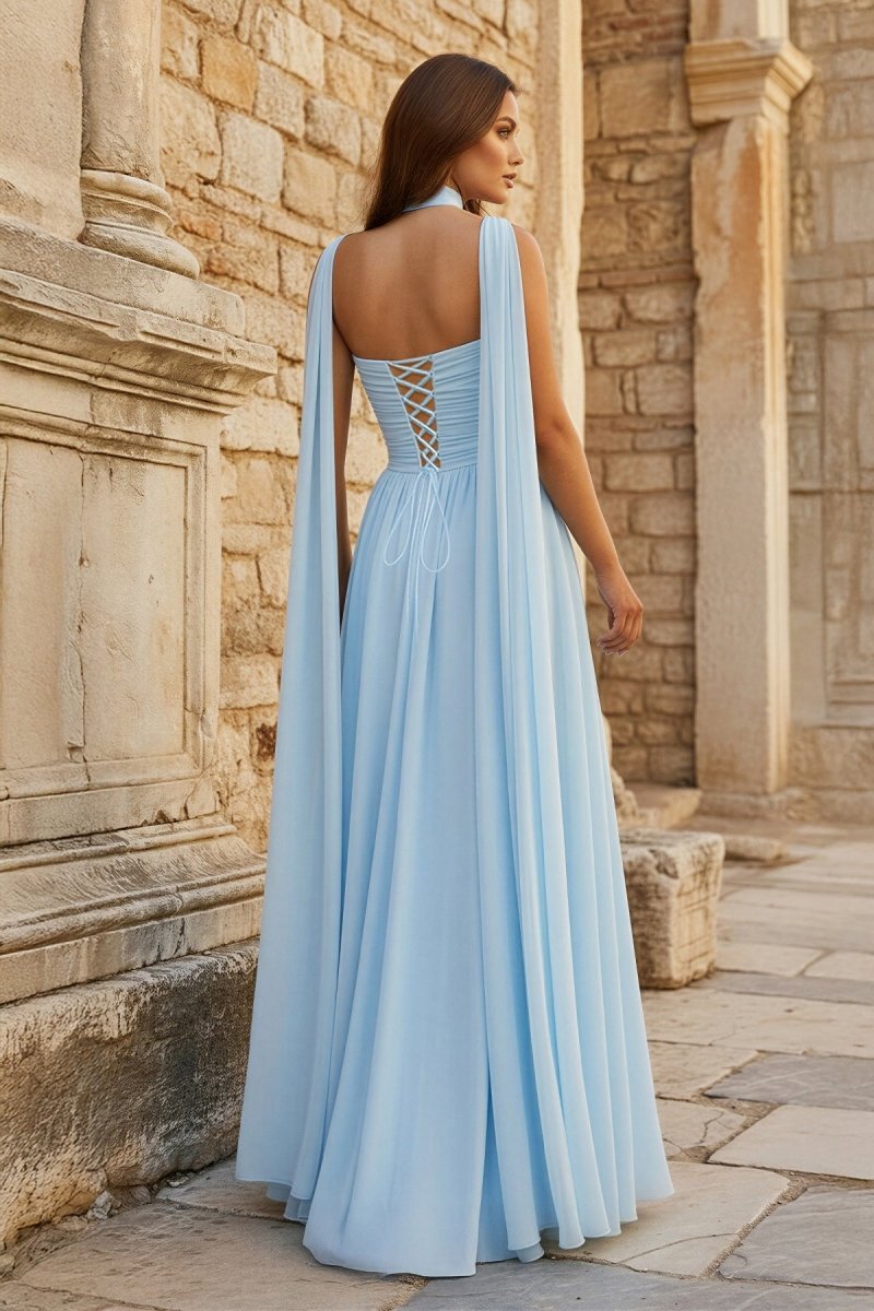 KissProm Sky Blue Strapless Chiffon Pleated A Line Long Prom Dresses With Scarf, Sky Blue / 16