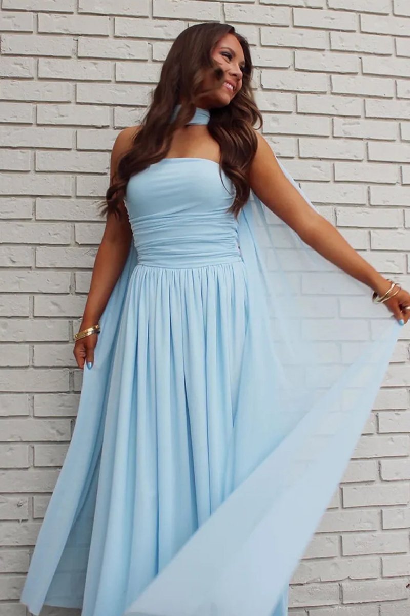 Sky Blue Strapless Chiffon Pleated A Line Long Prom Dresses With Scarf Sky Blue Strapless Chiffon Pleated A Line Long Prom Dresses With Scarf
