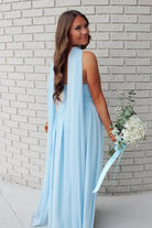 Mallory | Sky Blue - Strapless Chiffon Pleated A Line Long Prom Dresses With Scarf - KissProm
