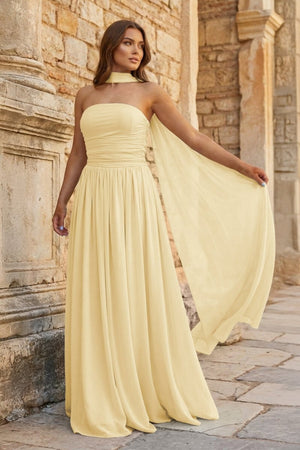 Sky Blue Strapless Chiffon Pleated A Line Long Prom Dresses With Scarf - KissProm