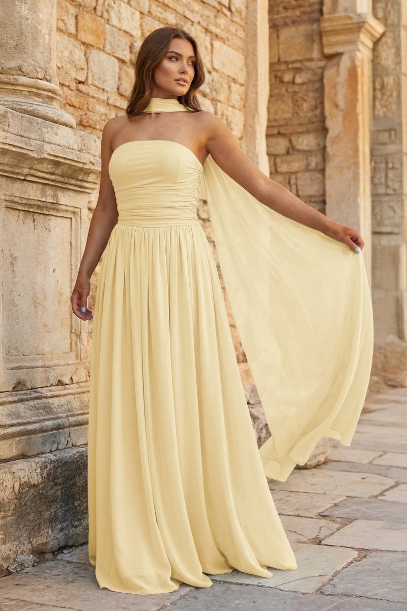 KissProm Sky Blue Strapless Chiffon Pleated A Line Long Prom Dresses With Scarf, Champagne / 2
