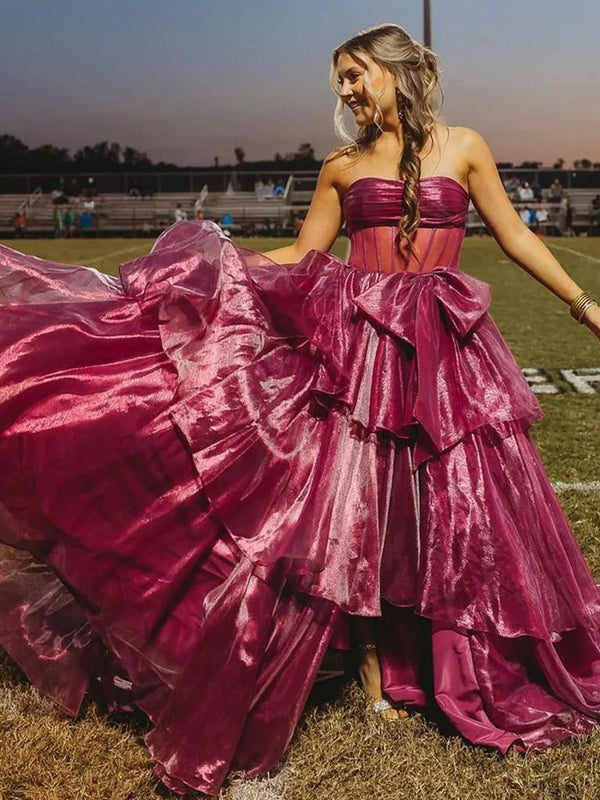 Malvis | Ball Gown Strapless Organza Long Prom Dresses with Bow