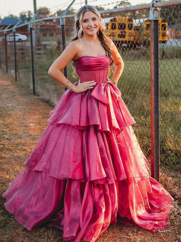 Malvis | Ball Gown Strapless Organza Long Prom Dresses with Bow