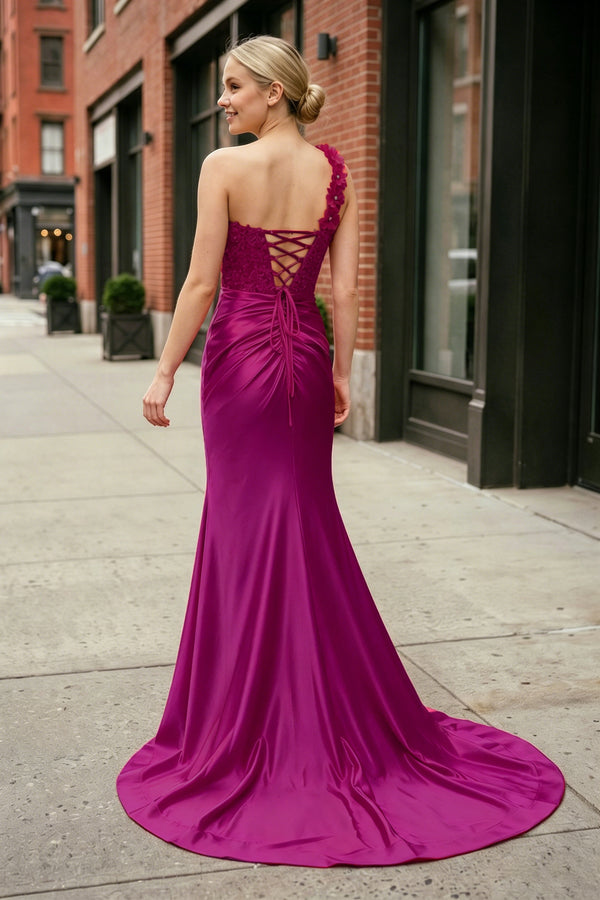 Magenta One-Shoulder 3D Floral Lace Pleated Long Gown with Slit – Dress by KissProm | Available at KissProm
