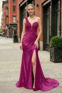 Magenta One-Shoulder 3D Floral Lace Pleated Long Gown with Slit – Dress by KissProm | Available at KissProm