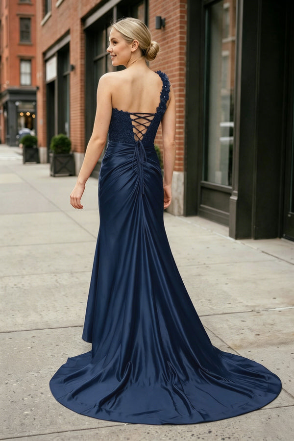 Navy Blue One-Shoulder 3D Floral Lace Pleated Long Gown with Slit – Dress by KissProm | Available at KissProm