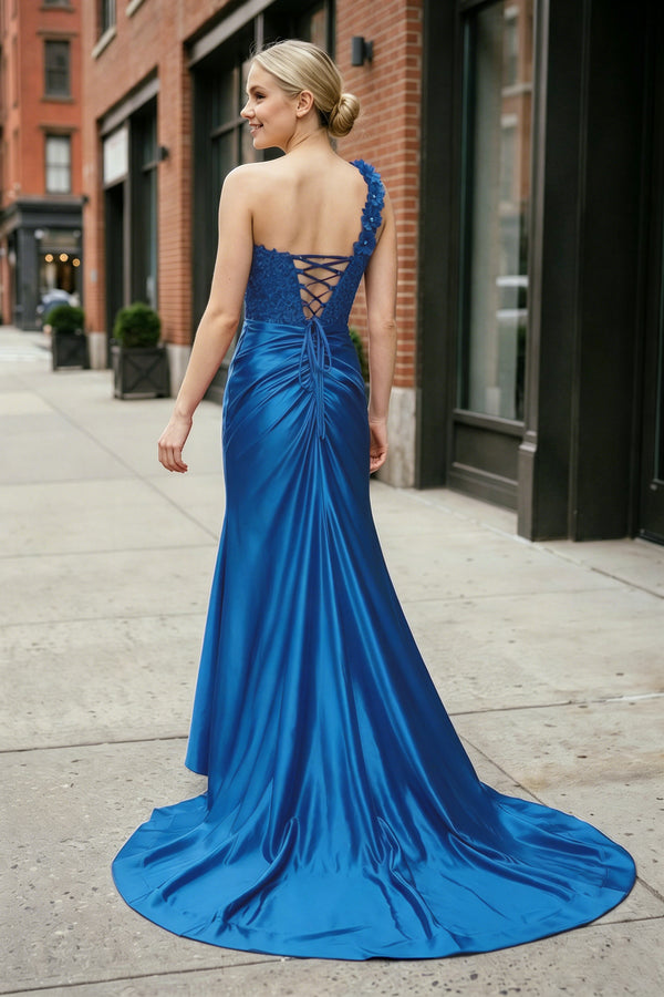 Peacock One-Shoulder 3D Floral Lace Pleated Long Gown with Slit – Dress by KissProm | Available at KissProm