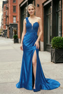 Peacock One-Shoulder 3D Floral Lace Pleated Long Gown with Slit – Dress by KissProm | Available at KissProm