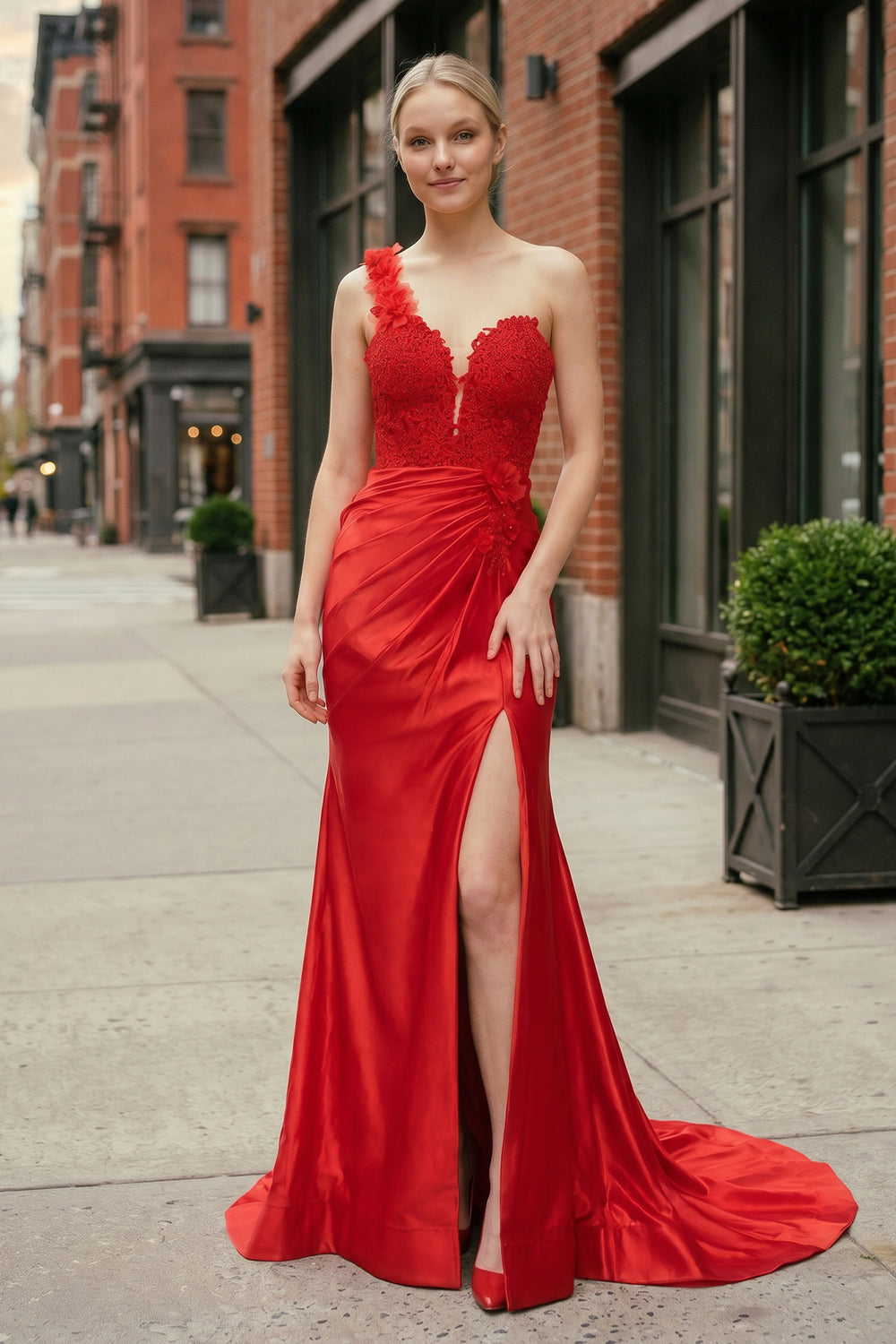 Red One-Shoulder 3D Floral Lace Pleated Long Gown with Slit Red One-Shoulder 3D Floral Lace Pleated Long Gown with Slit