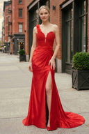 Red One-Shoulder 3D Floral Lace Pleated Long Gown with Slit – Dress by KissProm | Available at KissProm
