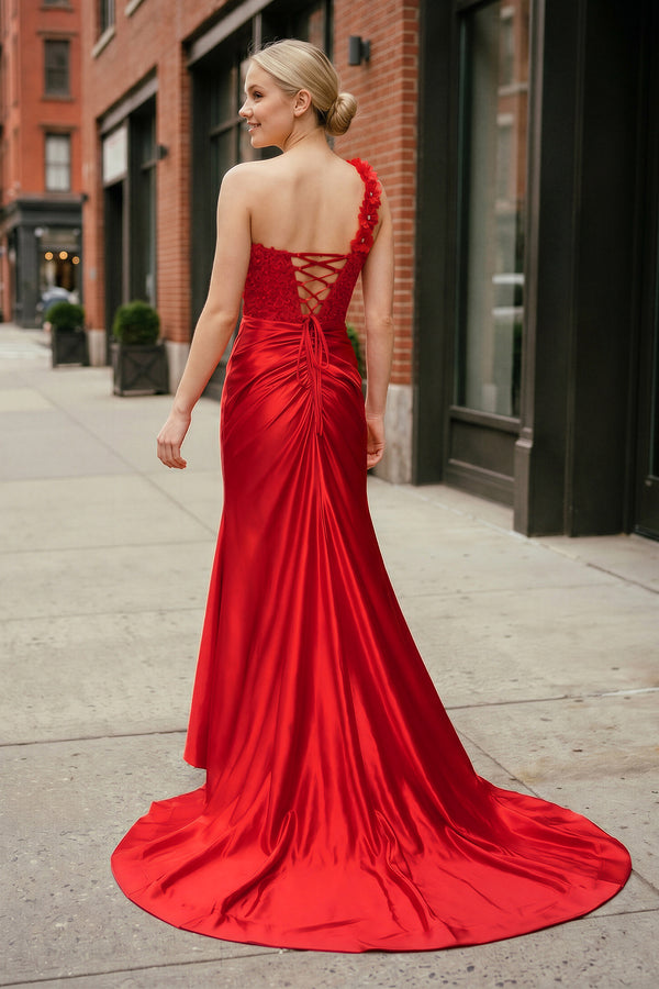 Red One-Shoulder 3D Floral Lace Pleated Long Gown with Slit – Dress by KissProm | Available at KissProm