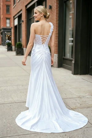 White One-Shoulder 3D Floral Lace Pleated Long Gown with Slit – Dress by KissProm | Available at KissProm