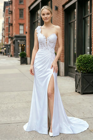 White One-Shoulder 3D Floral Lace Pleated Long Gown with Slit – Dress by KissProm | Available at KissProm