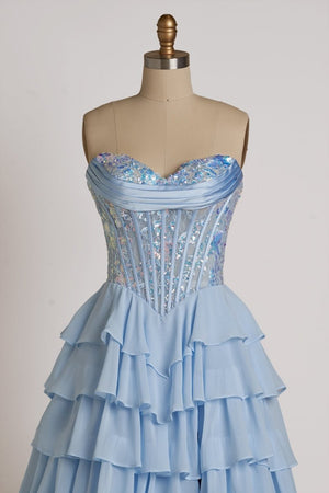 Maravelle | Sky Blue - Strapless A Line Chiffon Ruffled Long Formal Prom Dresses With Sequins - KissProm
