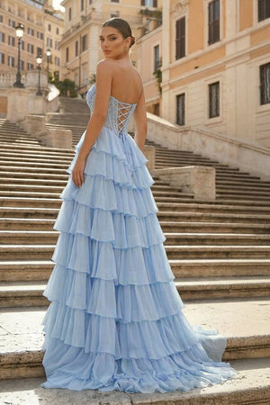KissProm-Sky Blue Strapless A Line Chiffon Ruffled Long Formal Prom Dresses With Sequins