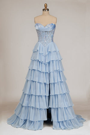 Maravelle | Sky Blue - Strapless A Line Chiffon Ruffled Long Formal Prom Dresses With Sequins - KissProm