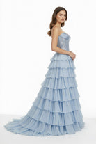 Maravelle | Sky Blue - Strapless A Line Chiffon Ruffled Long Formal Prom Dresses With Sequins - KissProm