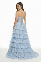Maravelle | Sky Blue - Strapless A Line Chiffon Ruffled Long Formal Prom Dresses With Sequins - KissProm