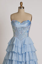 Maravelle | Sky Blue - Strapless A Line Chiffon Ruffled Long Formal Prom Dresses With Sequins - KissProm