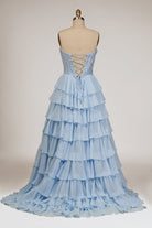 Maravelle | Sky Blue - Strapless A Line Chiffon Ruffled Long Formal Prom Dresses With Sequins - KissProm