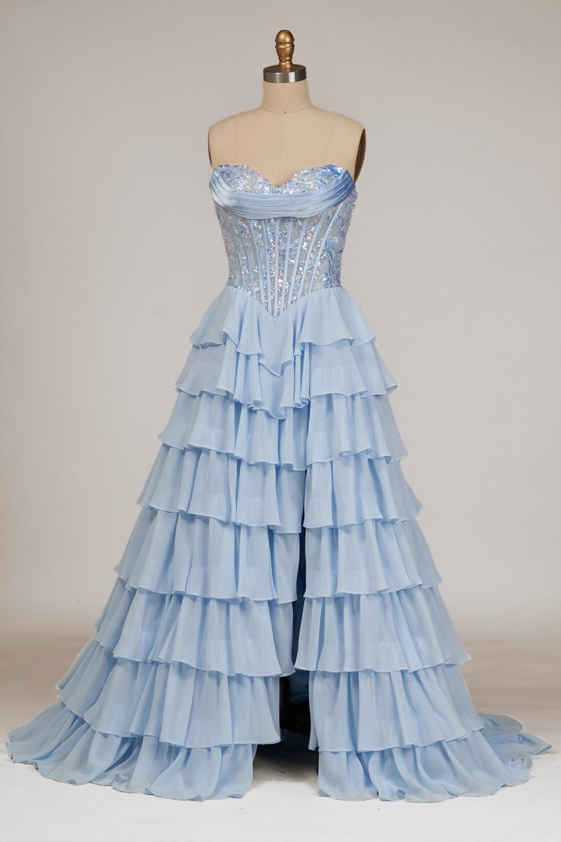 Maravelle | Sky Blue - Strapless A Line Chiffon Ruffled Long Formal Prom Dresses With Sequins - KissProm