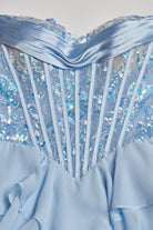 Maravelle | Sky Blue - Strapless A Line Chiffon Ruffled Long Formal Prom Dresses With Sequins - KissProm