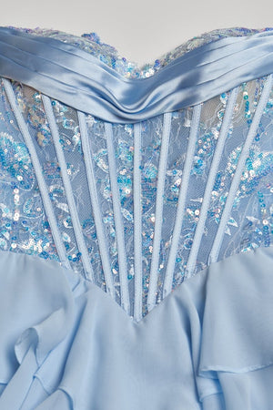 Maravelle | Sky Blue - Strapless A Line Chiffon Ruffled Long Formal Prom Dresses With Sequins - KissProm
