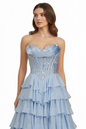 Maravelle | Sky Blue - Strapless A Line Chiffon Ruffled Long Formal Prom Dresses With Sequins - KissProm