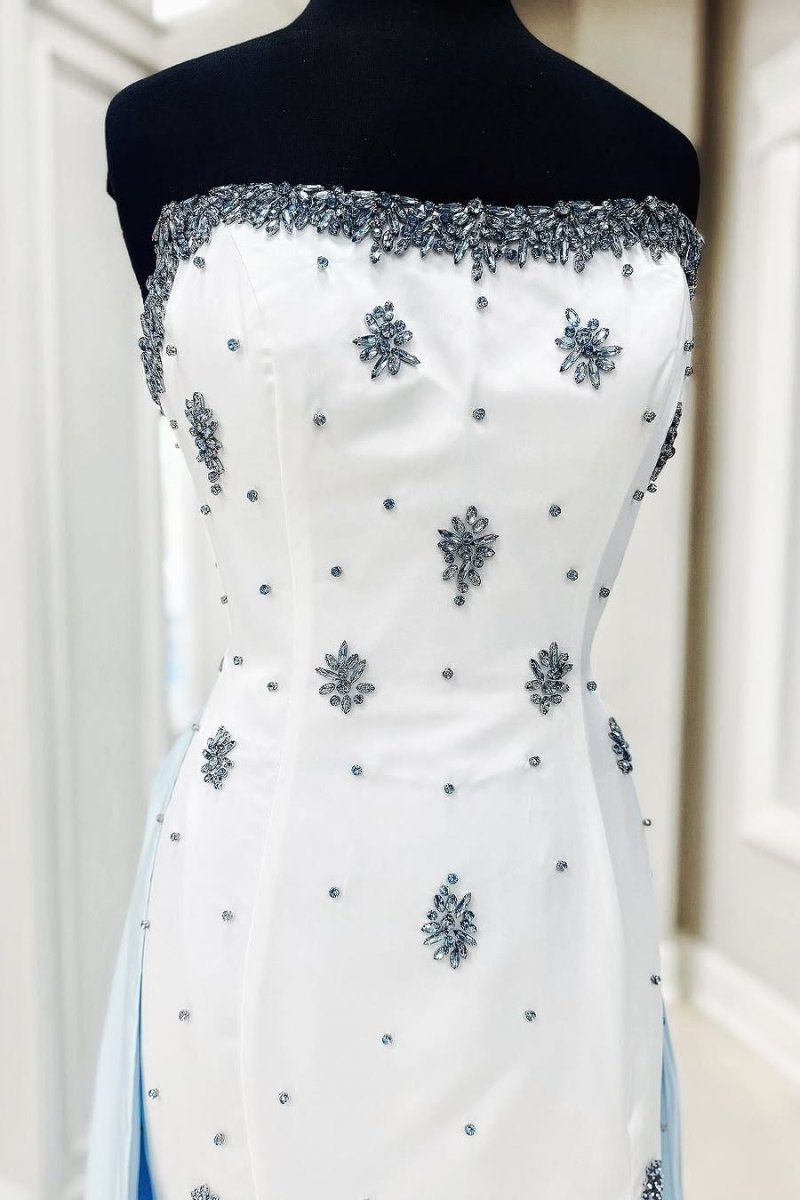 Marguerite | White Strapless A - Line Beads Side Slit Formal Prom Dress With Train - KissProm