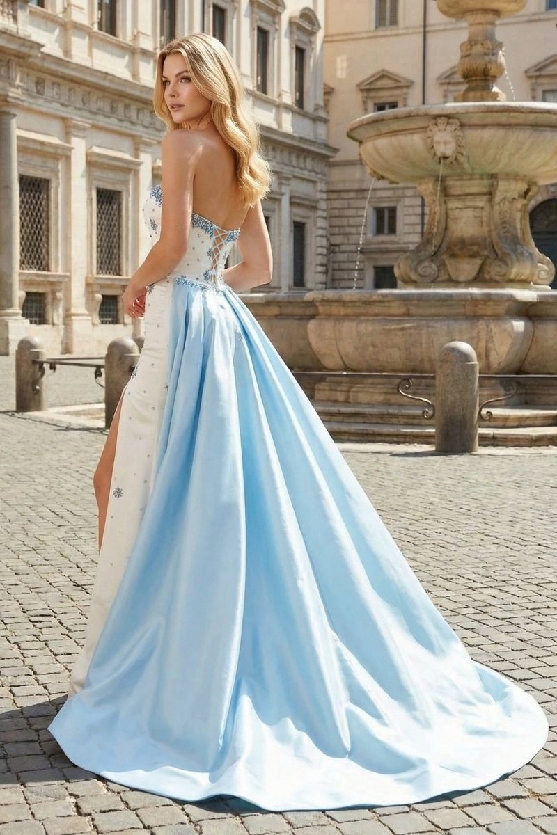 KissProm White Strapless A-Line Beads Side Slit Formal Prom Dress With Train, White / 00