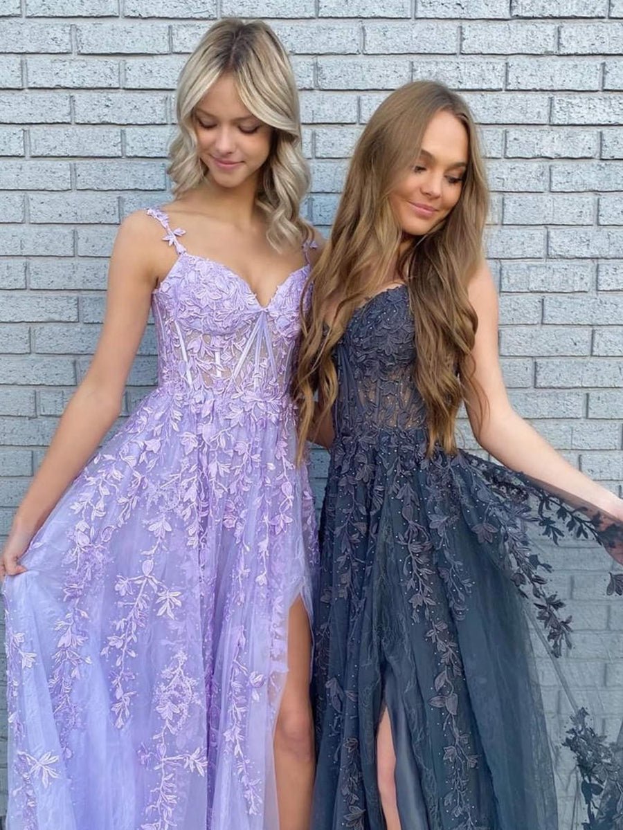 Navy Blue A-Line Sweetheart Lace Tulle Prom Dress with Slit, Navy Blue / 18 Navy Blue A-Line Sweetheart Lace Tulle Prom Dress with Slit, Navy Blue / 18