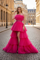 A - line High - Low Strapless Ruffled Tulle Prom Dress with Feathers - KissProm