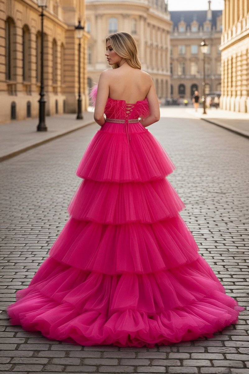 A - line High - Low Strapless Ruffled Tulle Prom Dress with Feathers - KissProm