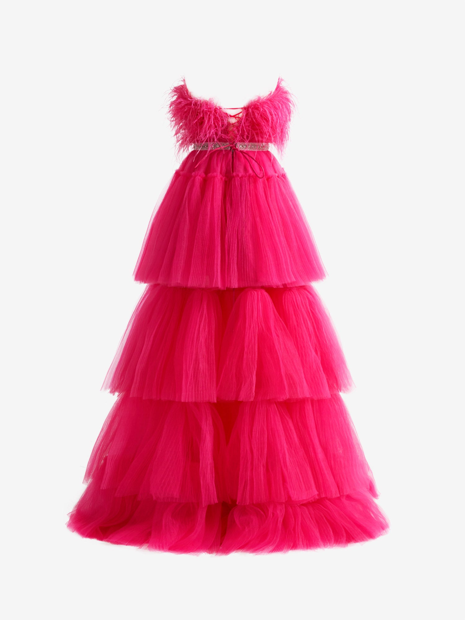 Marie| Fuchsia A-line High-Low Strapless Ruffled Tulle Prom Dress with Feathers