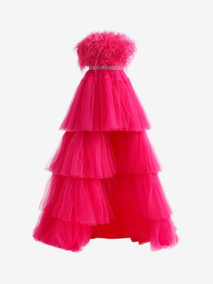 Marie| Fuchsia A - line High - Low Strapless Ruffled Tulle Prom Dress with Feathers - KissProm