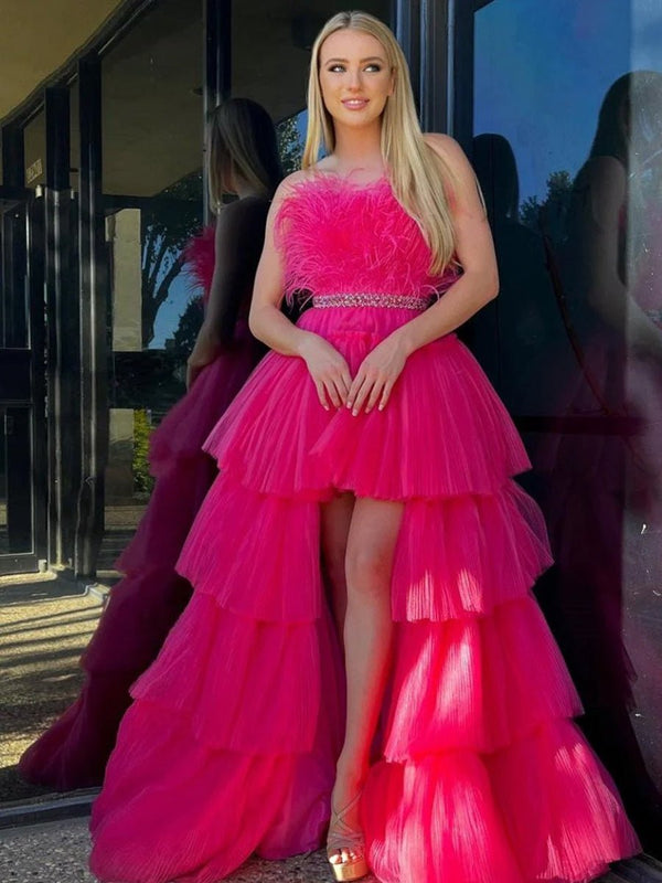 Marie| Fuchsia A - line High - Low Strapless Ruffled Tulle Prom Dress with Feathers - KissProm