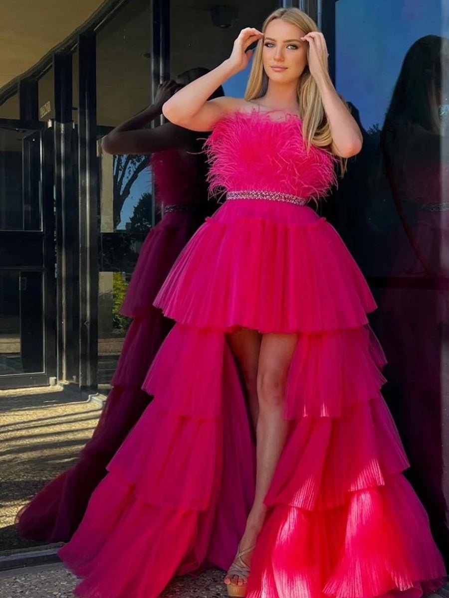 Marie| Fuchsia A - line High - Low Strapless Ruffled Tulle Prom Dress with Feathers - KissProm