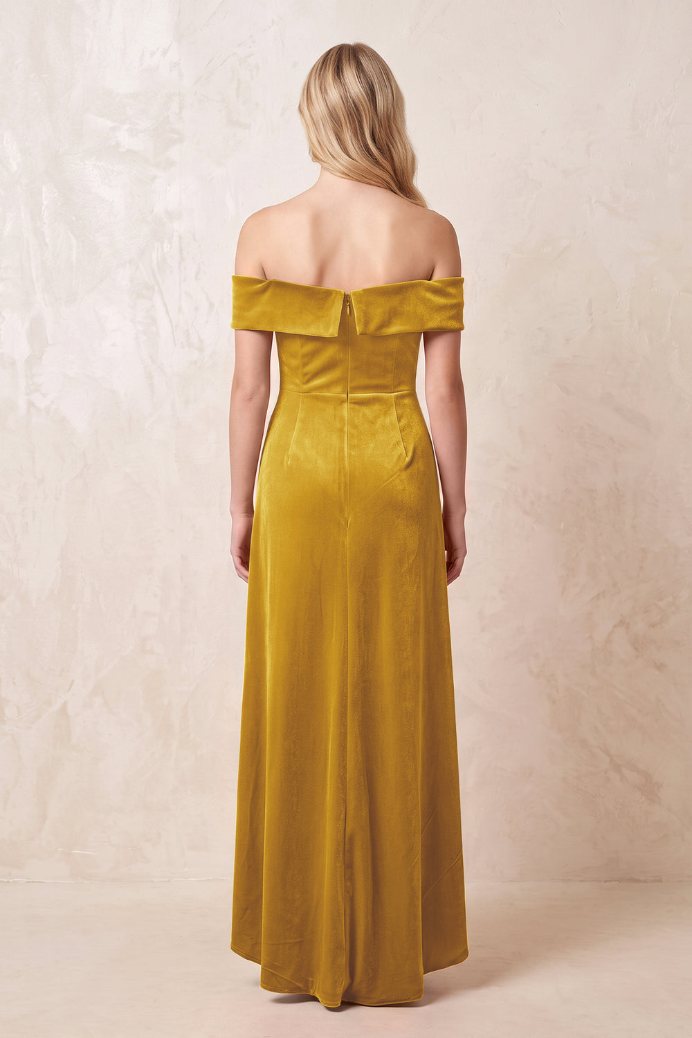 Marigold Off-the-Shoulder Sheath Velvet Midi Bridesmaid Dress - KISSPROM