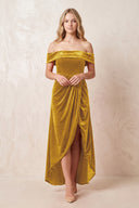 Marigold Off-the-Shoulder Sheath Velvet Midi Bridesmaid Dress - KISSPROM