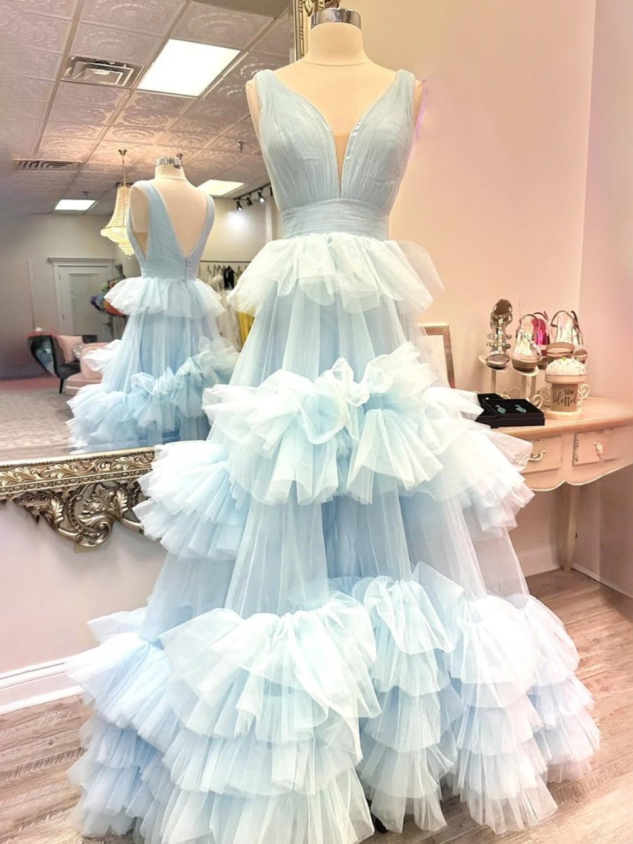 Marin | Sky Blue V Neck Ruffles A - line Tulle Prom Dress - KissProm