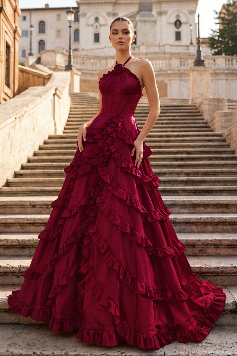 KissProm Fuchsia Halter Neck Tiered Ruffles Long Prom Dress, Fuchsia / 2