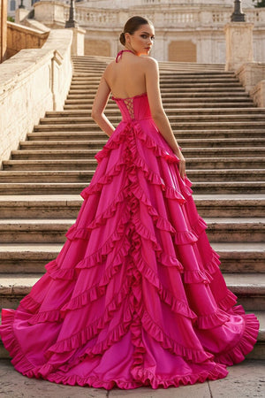 Fuchsia Halter Neck Tiered Ruffles Long Prom Dress - KissProm