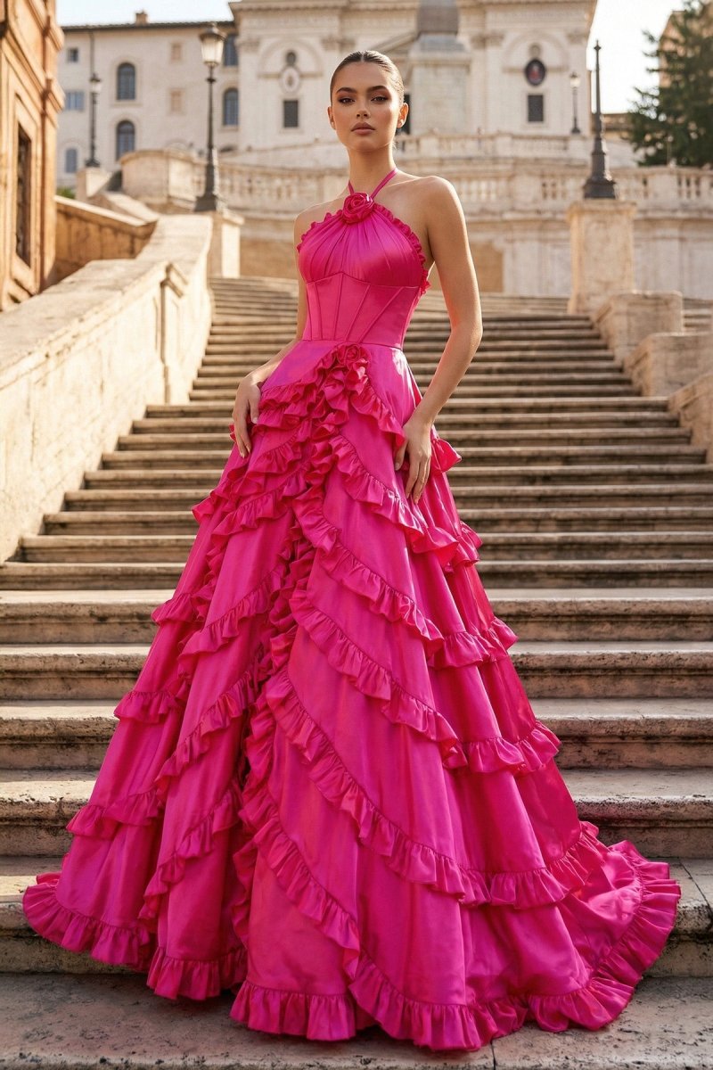 Fuchsia Halter Neck Tiered Ruffles Long Prom Dress - KissProm